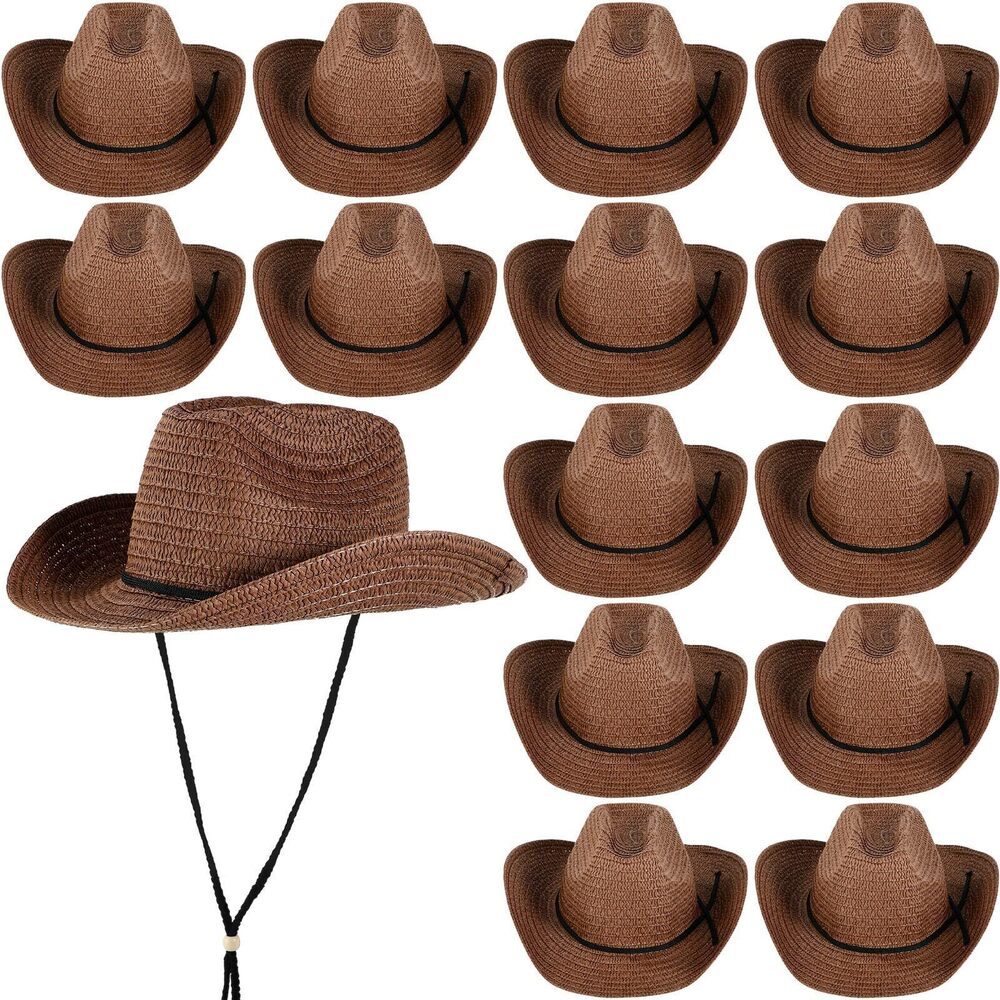 3256 15 Pcs Straw Cowboy Hats Wide Brim Summer Hat Country Accessories